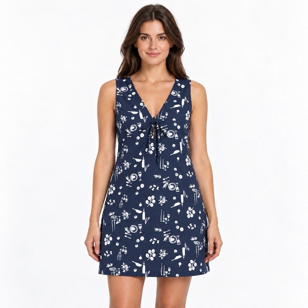 Abercrombie&Fitch Womens Linen Blend Dress Tie Front Wine Food Print Sundress ST
